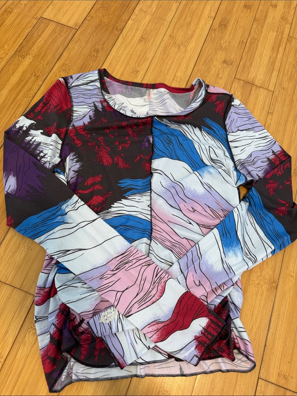 Free People Long-Sleeve Abstract Wave Print Tee in Blue, Pink & Red